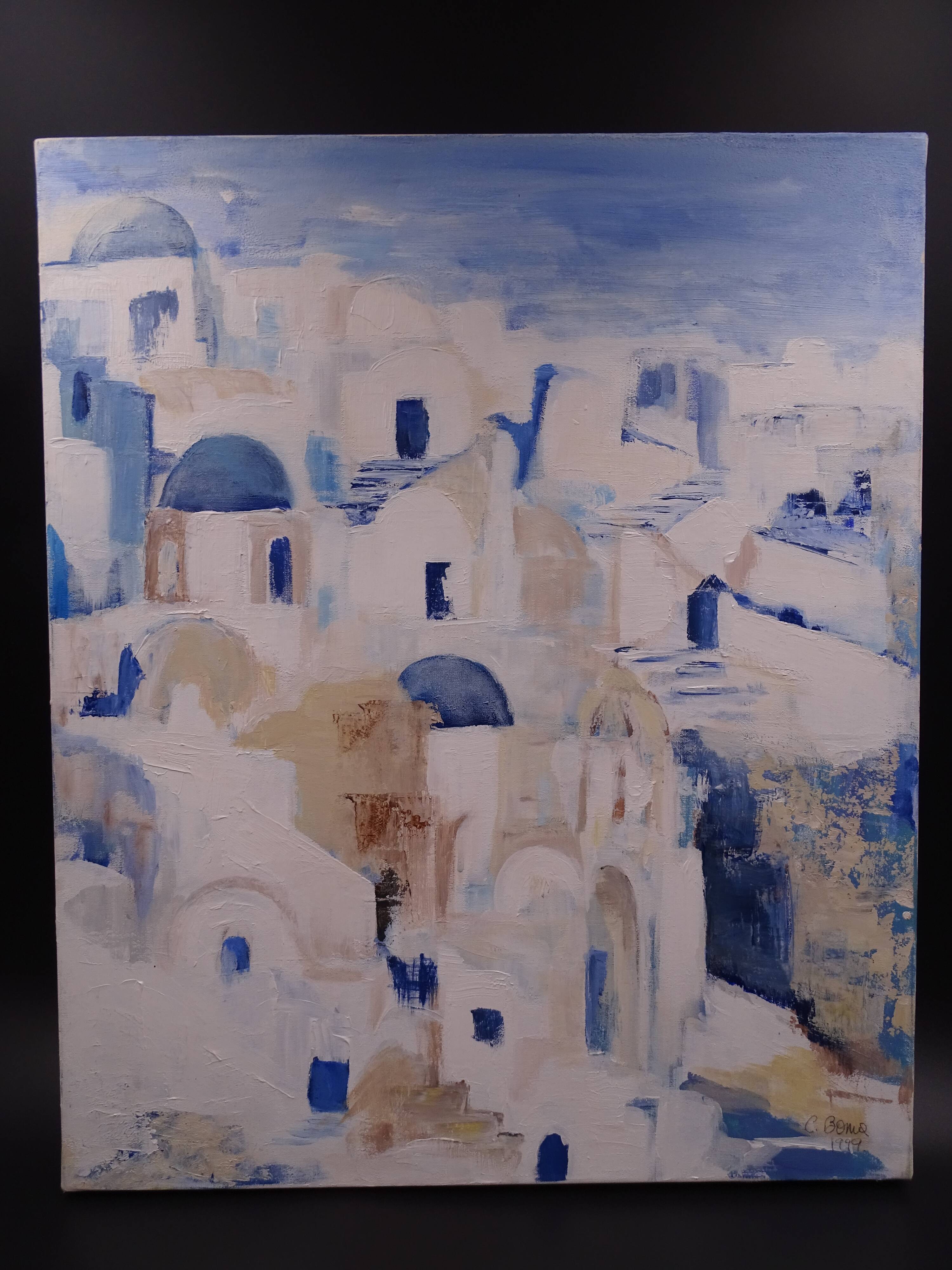 The Greek village - Pastel blue and ochre tones - Signed dated