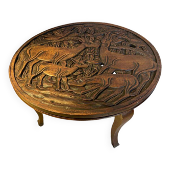 Mobilier d'Art Populaire Table Basse Circulaire Bois Massif Sculpté Années 30/40