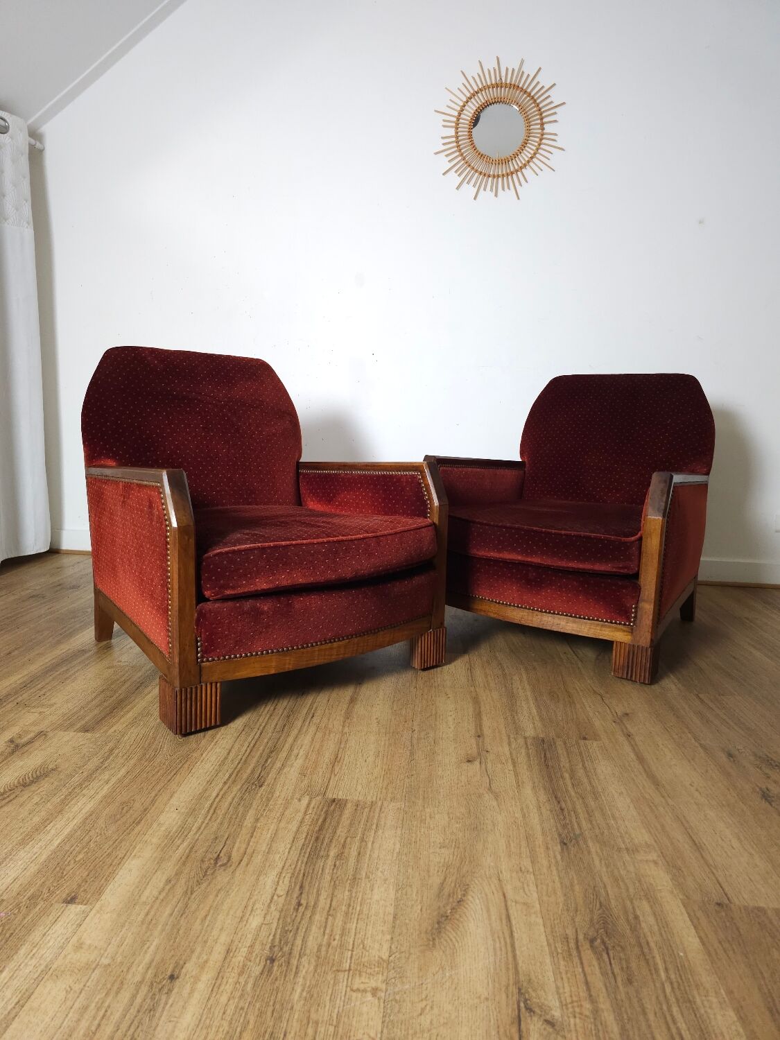 Pair of Art Deco Armchairs, Solid Wood and Red Velvet