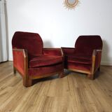 Pair of Art Deco Armchairs, Solid Wood and Red Velvet
