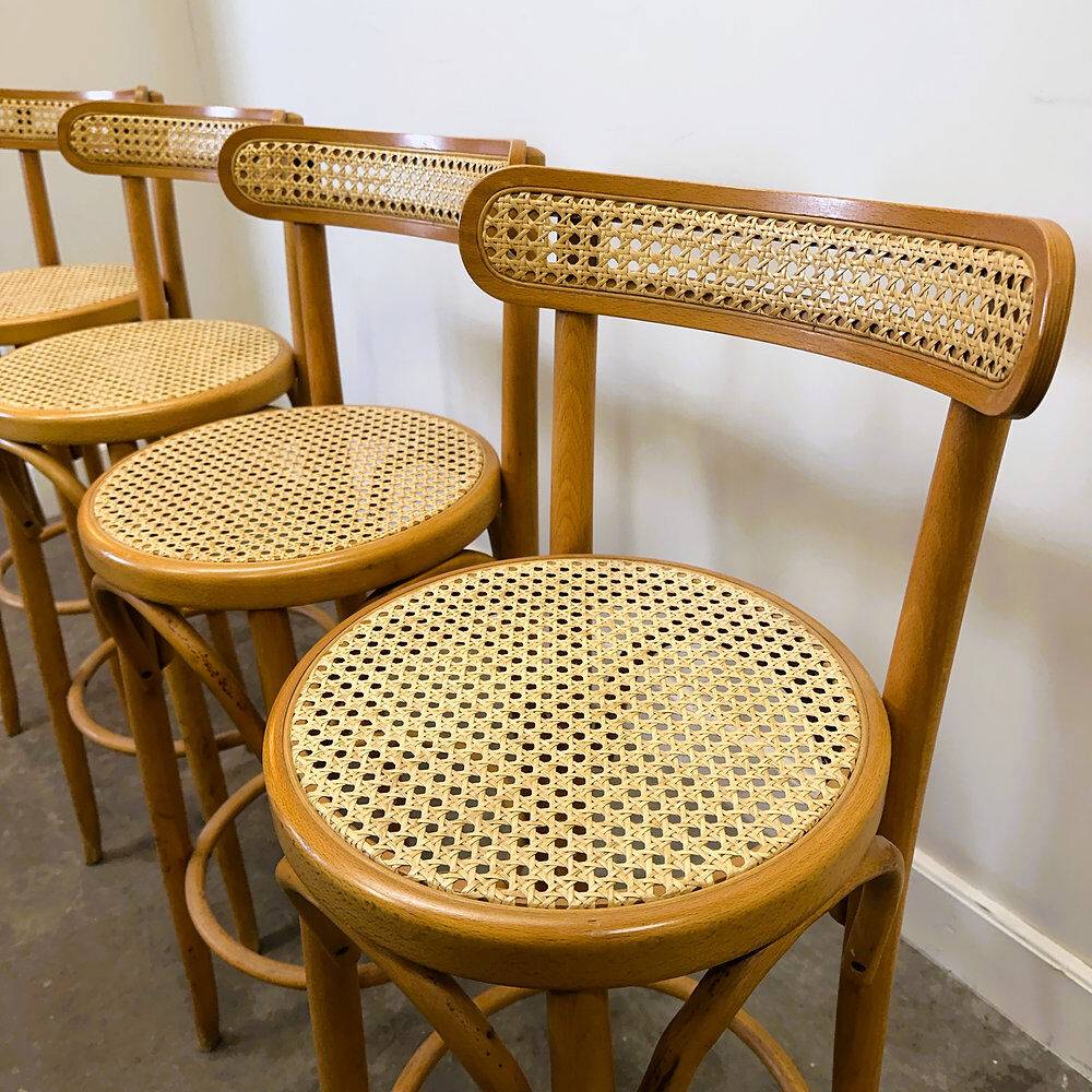 Set of 4 vintage Italian bentwood & cane bar stools, 1970s
