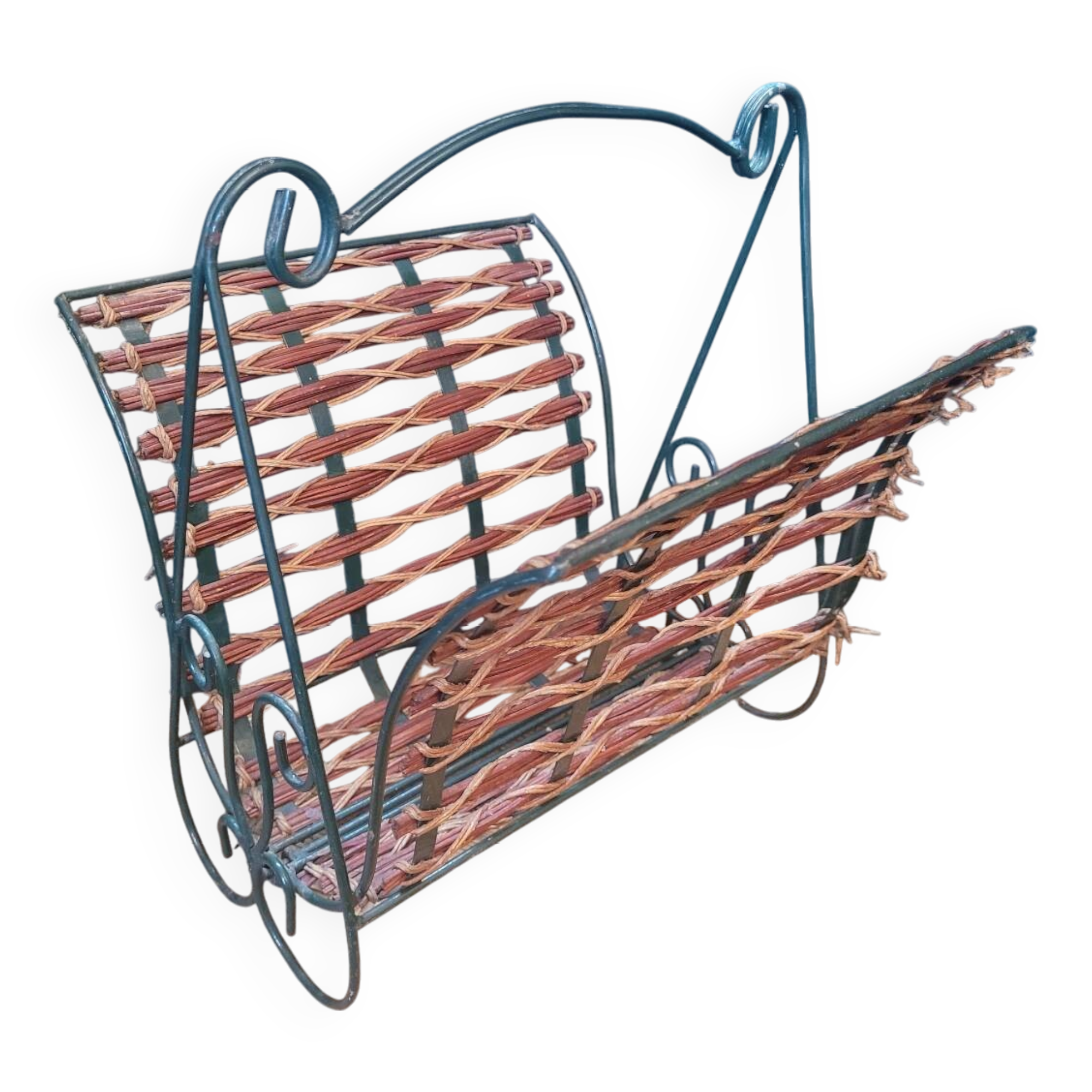 60s metal and rattan magazine rack