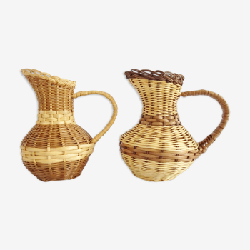 Pair of rattan vases, braided vase 1960s with glass insert