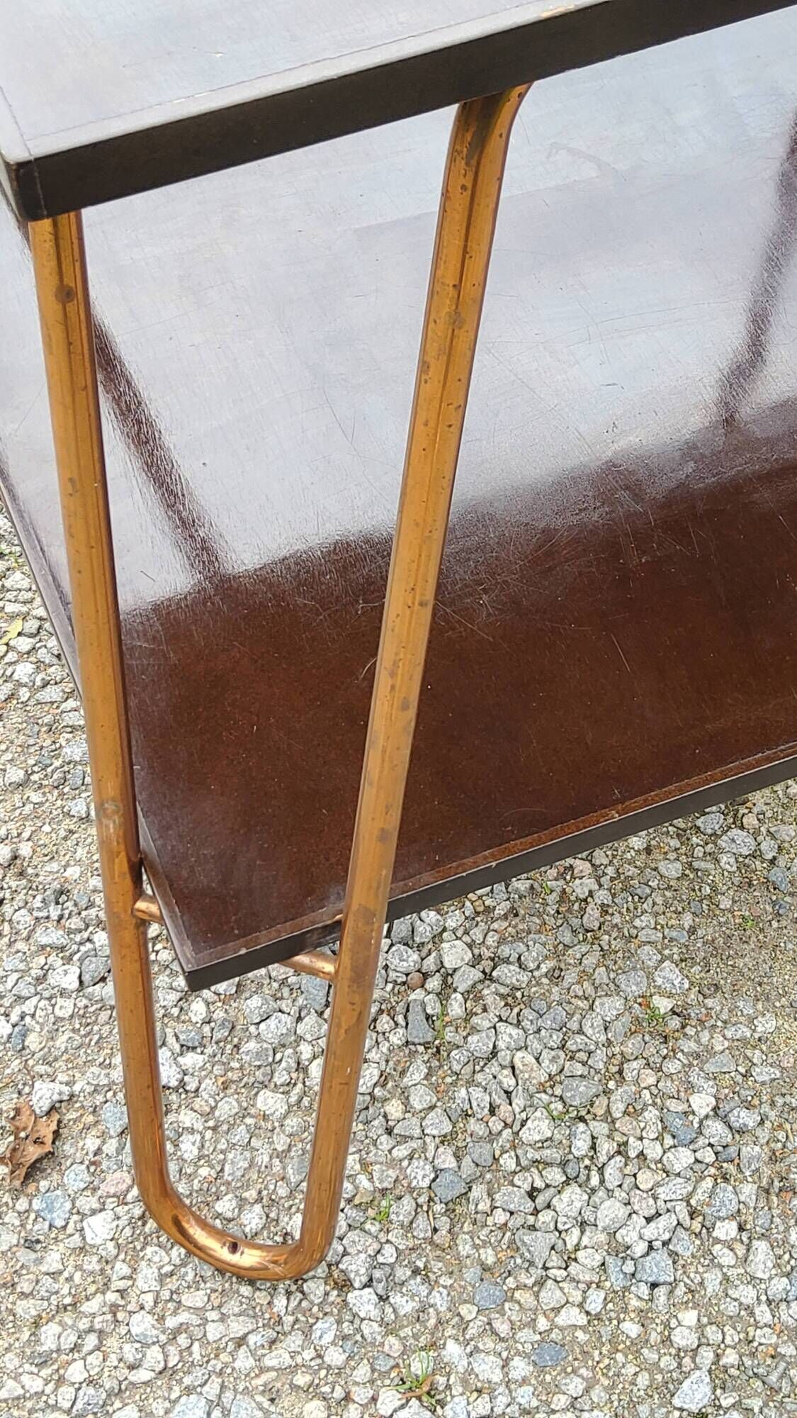 Vintage double wooden side table with copper base from the 50s