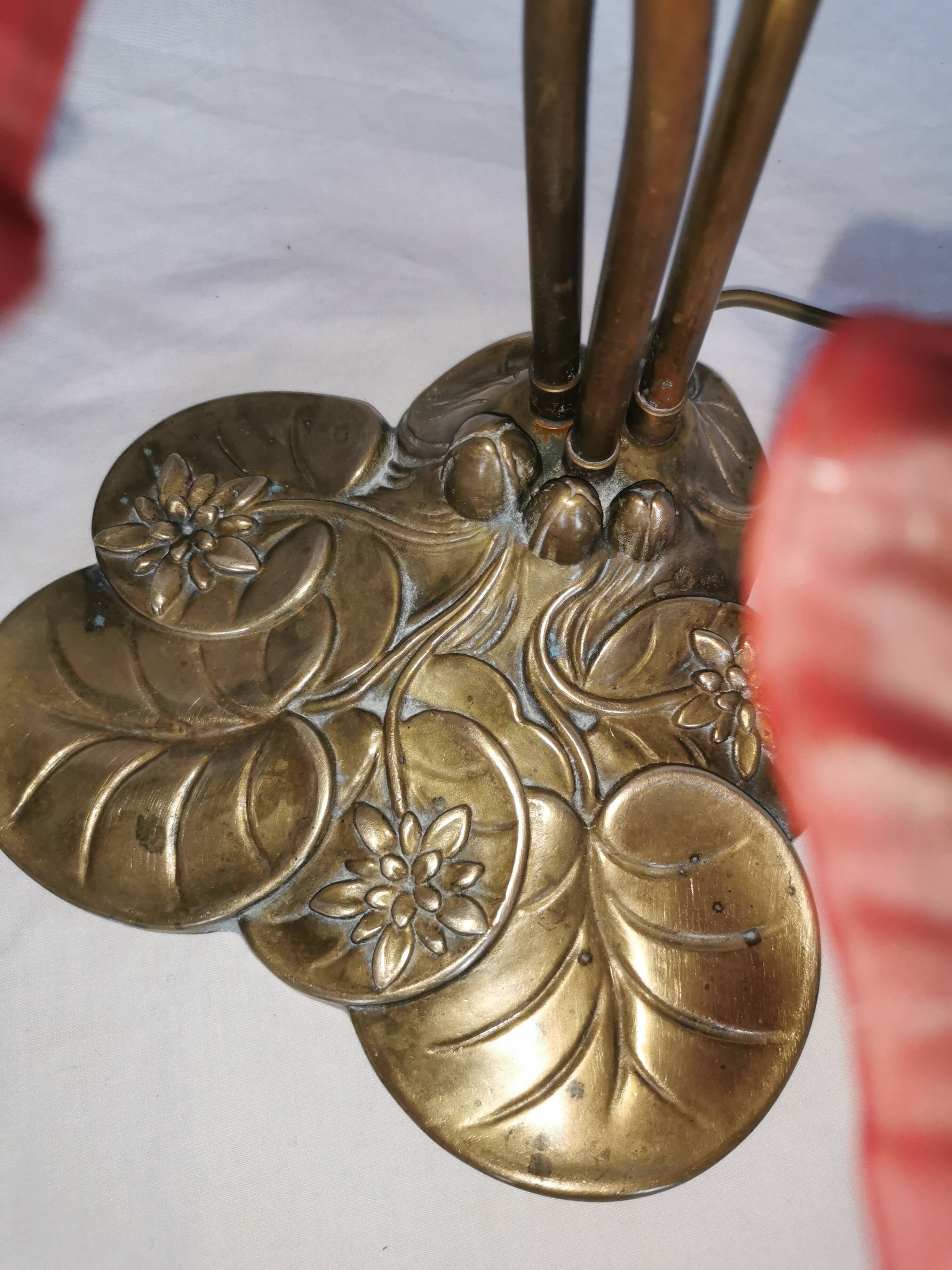 Brass water lily lamp and glass paste tulip, double, art nouveau style.