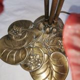 Brass water lily lamp and glass paste tulip, double, art nouveau style.