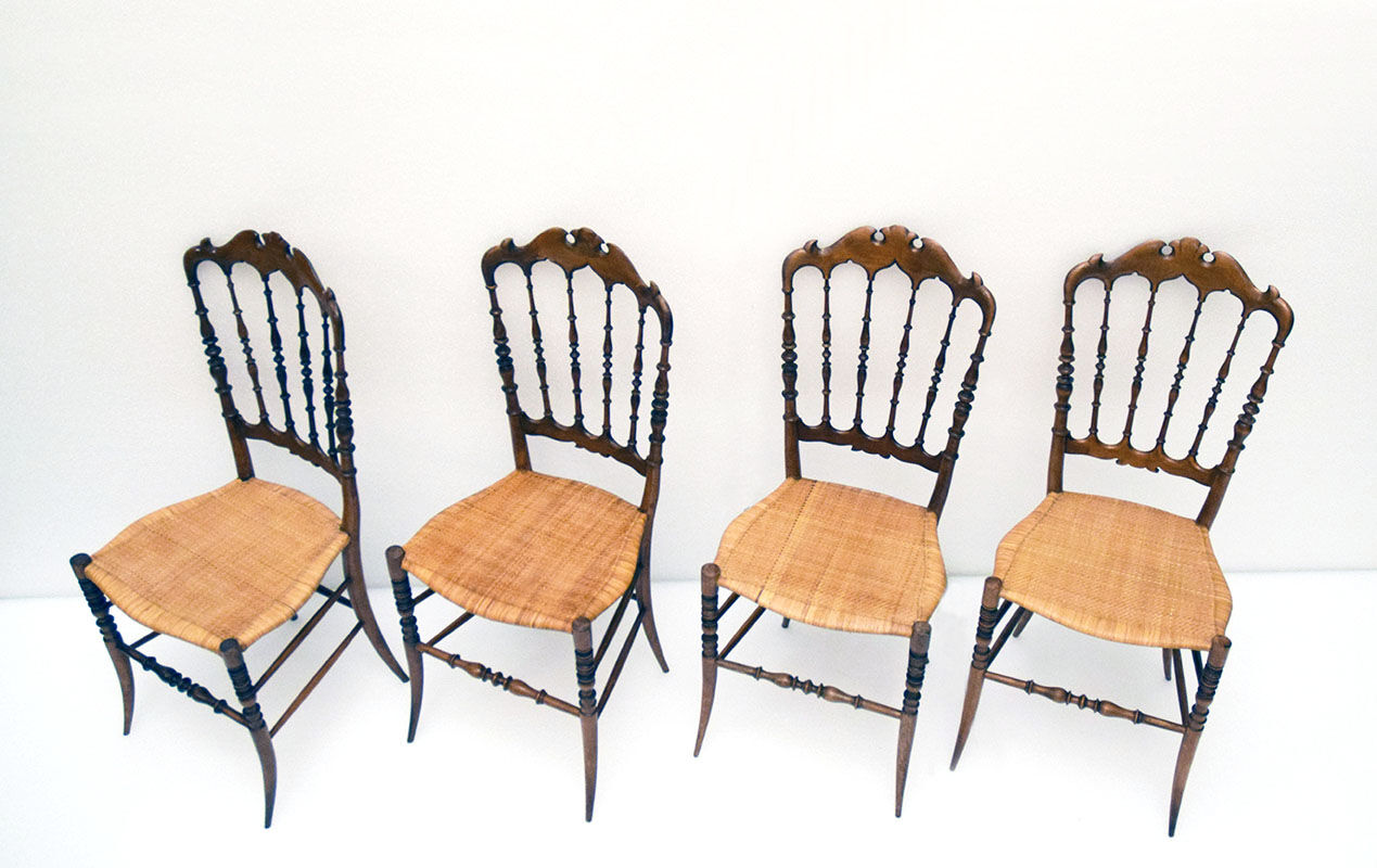Chiavarina chairs in cherry wood with straw seat, early 20th century, Set of Four