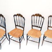 Chiavarina chairs in cherry wood with straw seat, early 20th century, Set of Four