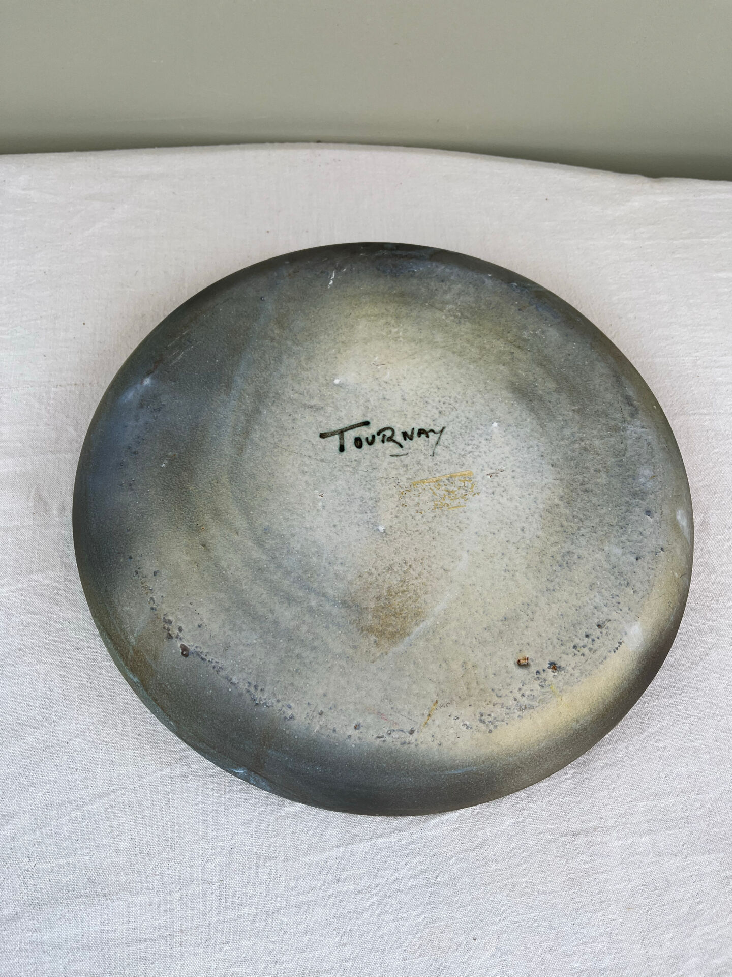 Large enamelled stoneware dish signed Tournay