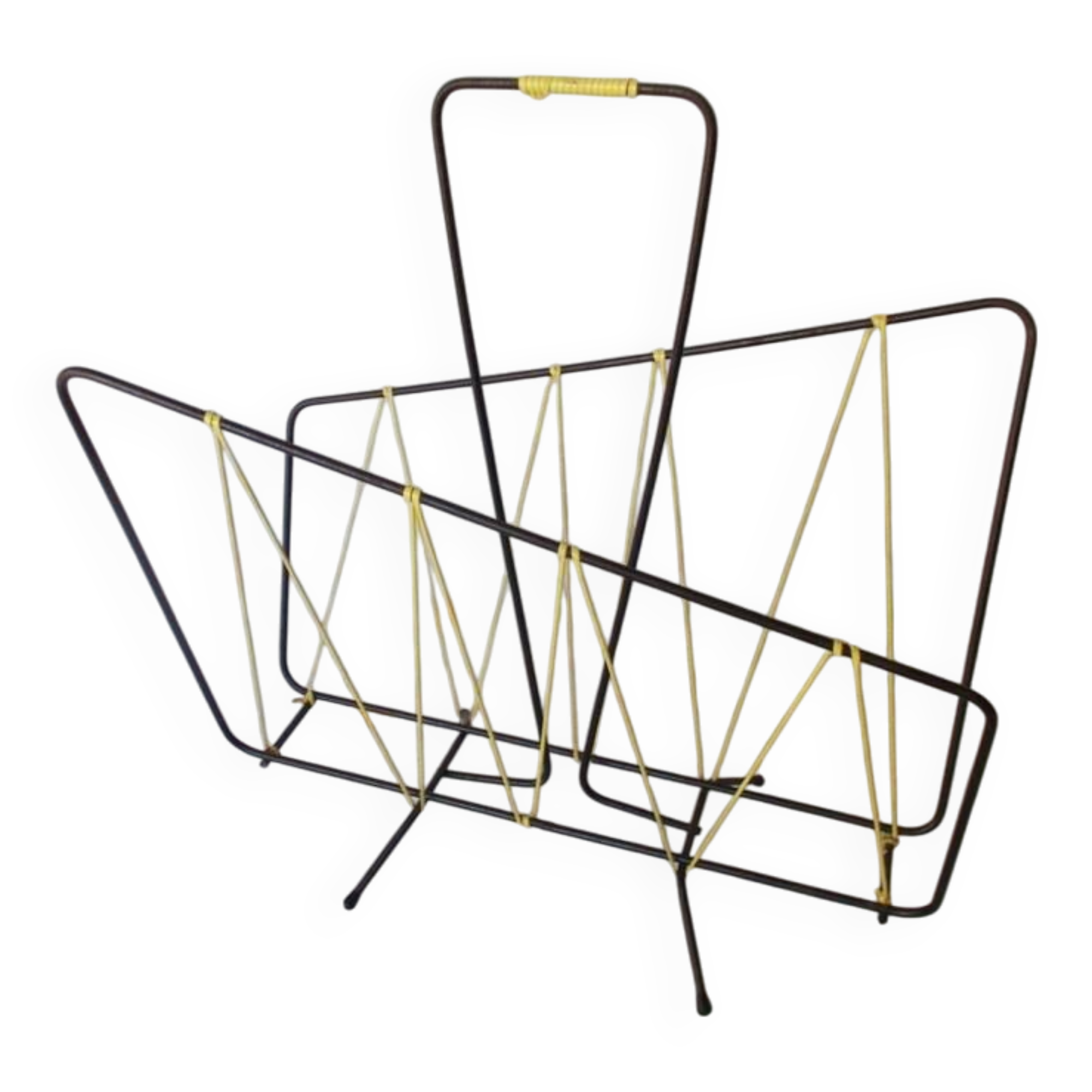Black metal magazine rack with yellow scoubidou wire.