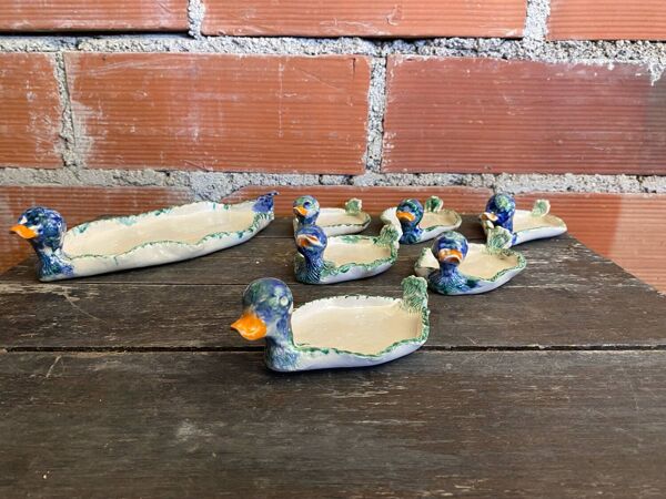 Plat + 6 Assiettes Service Foie Gras Forme Canard Céramique Polychrome