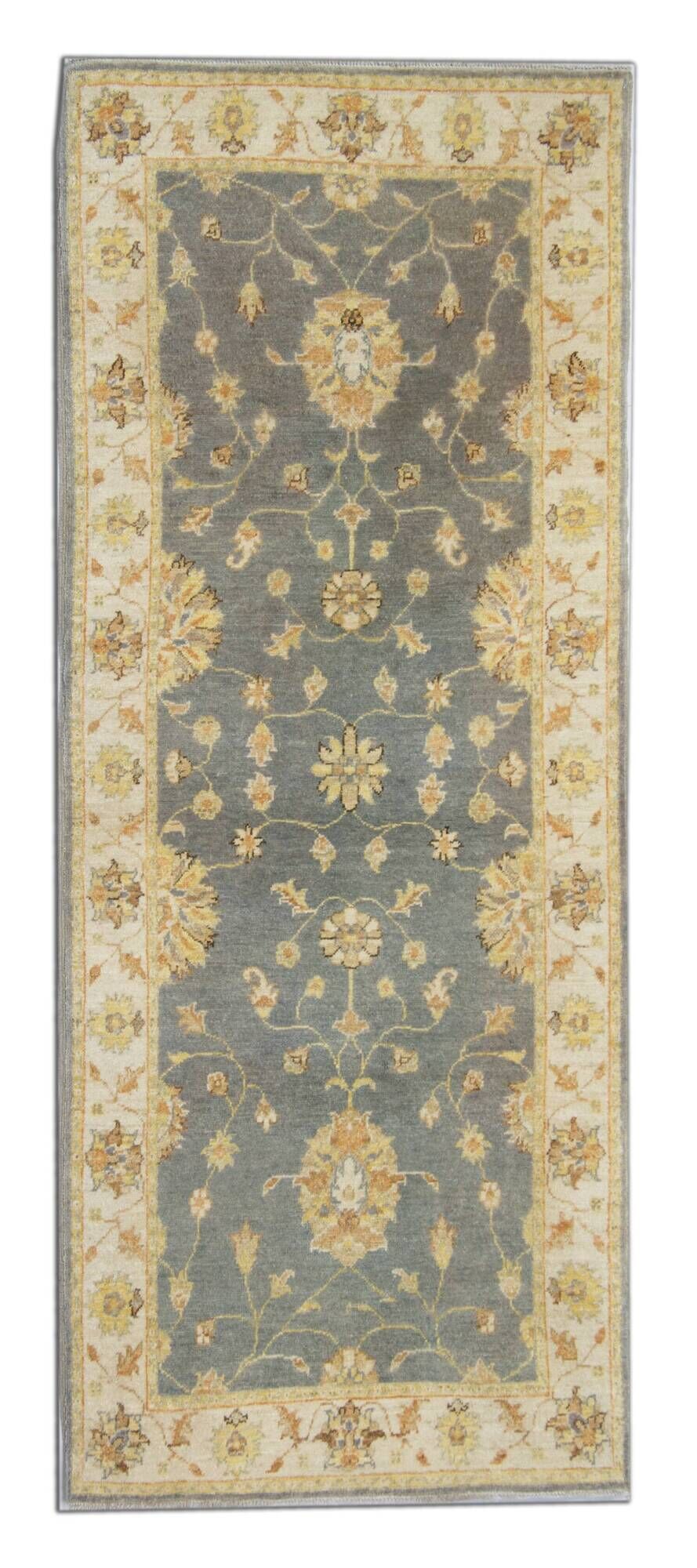 Grey Blue Runner Carpet Handwoven, Wool Handwoven Floral Carpet Rug