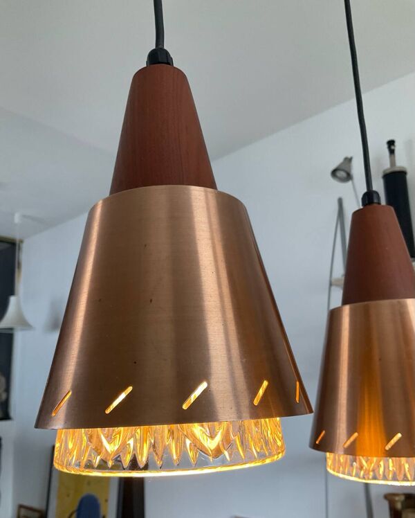 Lustre scandinave Boomerang des années 60 en teck,métal et verre