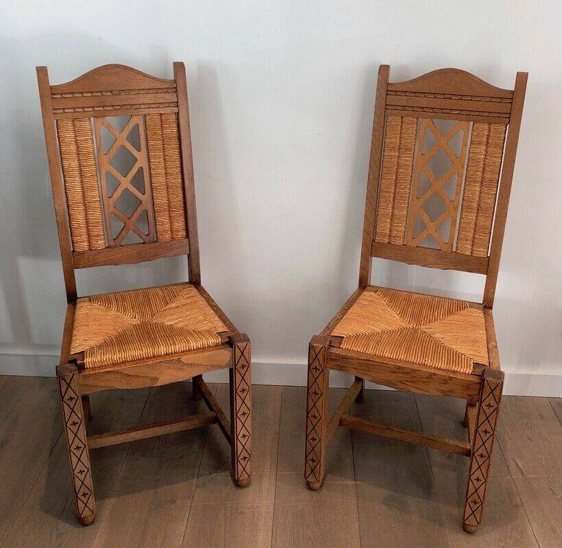 Lot de 6 chaises brutalistes en bois et rotin