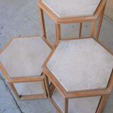 Série de 3 tables basses vintage en travertin et bois par les éditions Roche Bobois