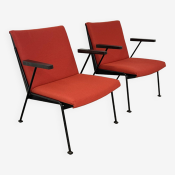 Pair of Oase Wim Rietveld armchairs in red fabric and black steel Netherlands 50s/60s