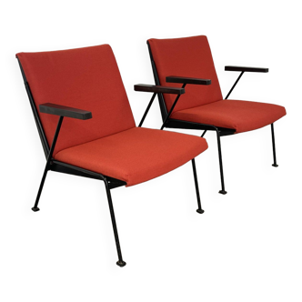 Pair of Oase Wim Rietveld armchairs in red fabric and black steel Netherlands 50s/60s