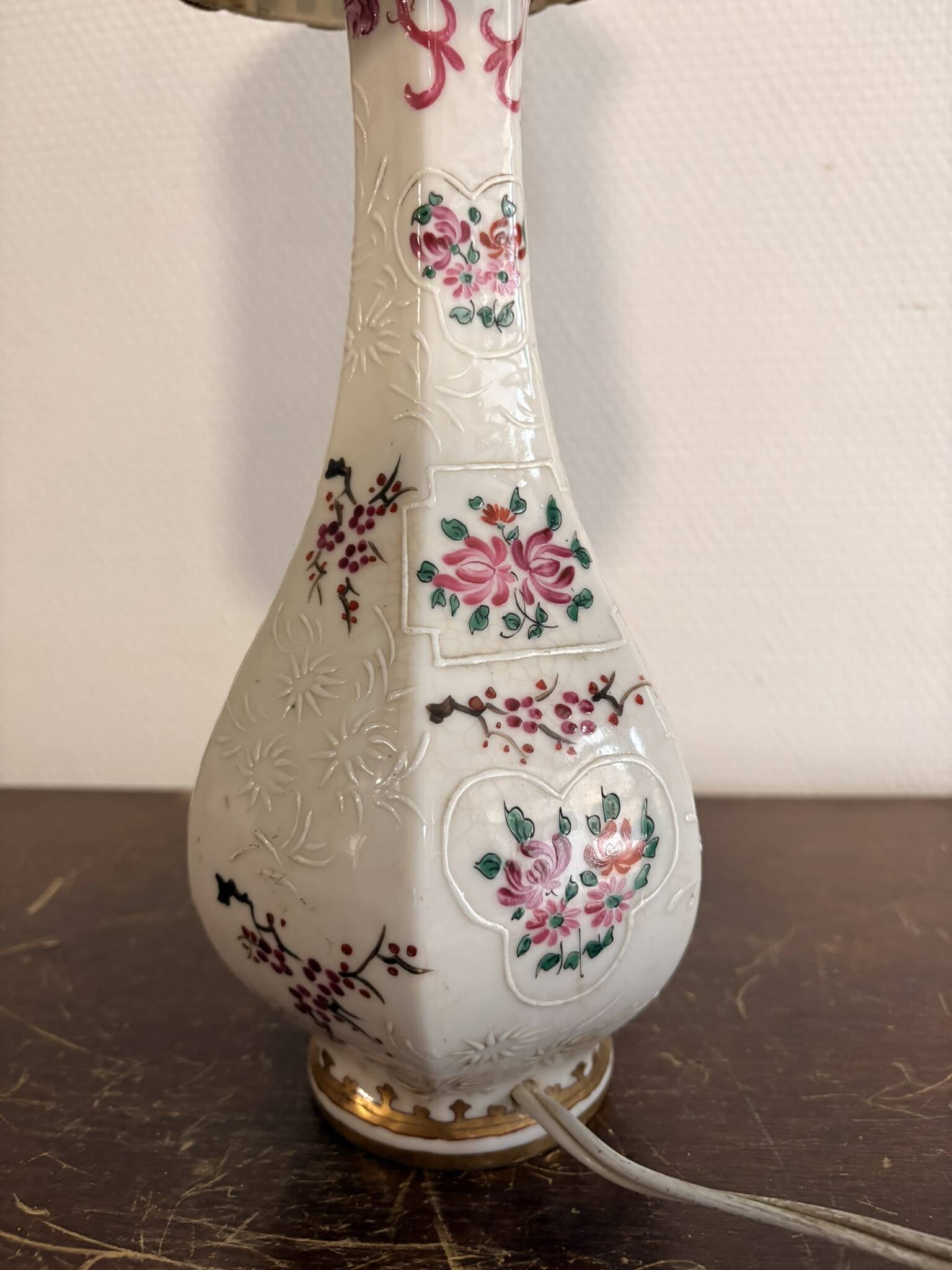 Ancien Lampe Porcelaine Craquelée Satsuma Japon Balustre Meiji Fleurs