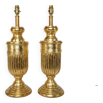 Pair Of Gold Gilt Carved Urn Shaped Wooden Table Lamps
