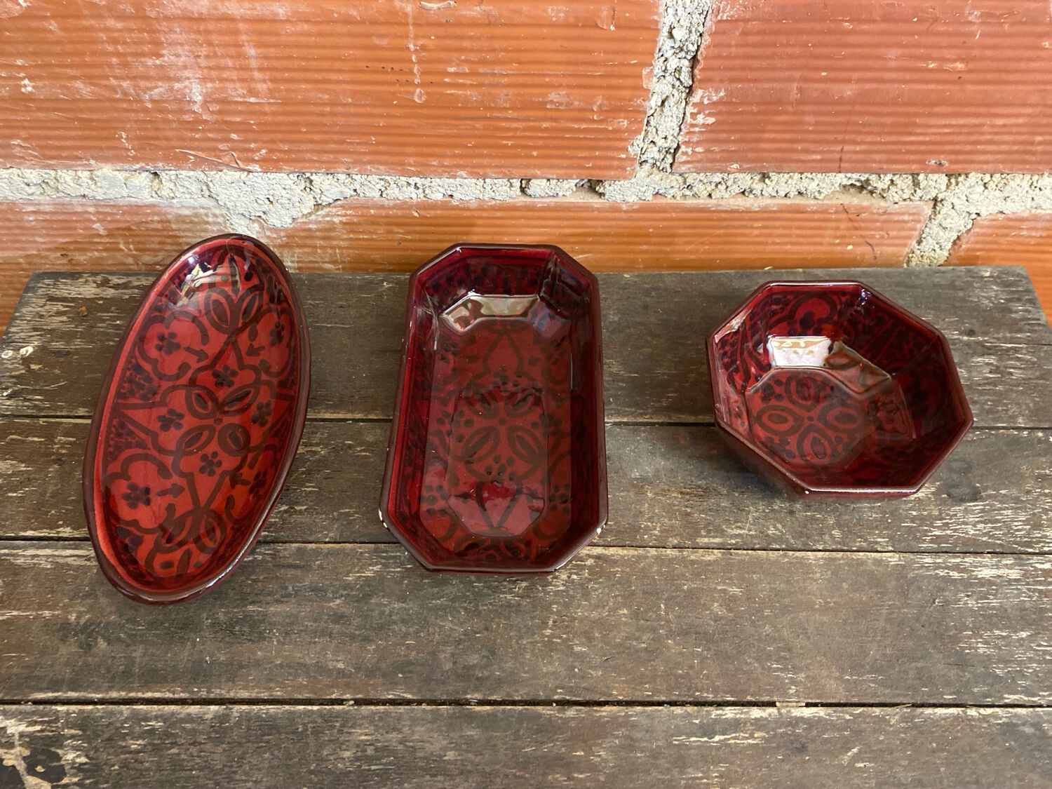 Set of 3 Vintage Red Oriental Ceramic Pocket Vases with Black Decor