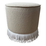 Round Ottoman with Fringe Bottom, Cream Boucle Upholstered Pouf