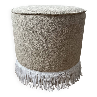 Round Ottoman with Fringe Bottom, Cream Boucle Upholstered Pouf