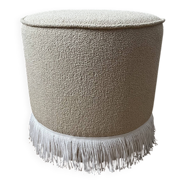 Round Ottoman with Fringe Bottom, Cream Boucle Upholstered Pouf