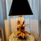 Large lamp, bouquet of vintage anemone flowers, gold metal, Hans Kogl