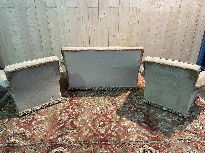 Living room sofa and pair of Napoleon III velvet armchairs