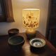 Handmade lamp in mustard glazed ceramic, vegetal lampshade