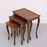Triptych Florentine Gold and Red Wood Italian nesting Tables, 1960