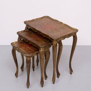 Triptych Florentine Gold and Red Wood Italian nesting Tables, 1960
