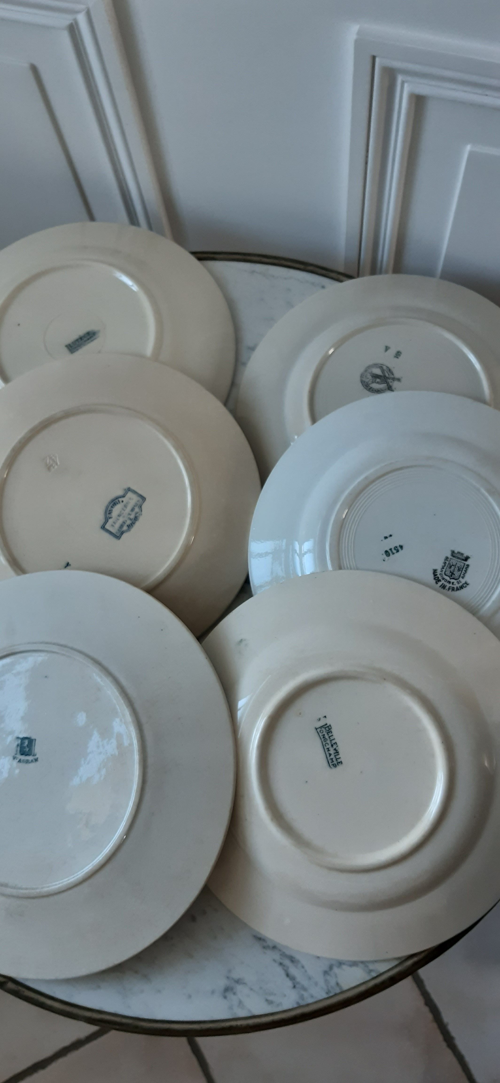 Set of 6 flat plates mismatched nineteenth century, St Amand, Digoin, Moulin des Loups, Lonchamp