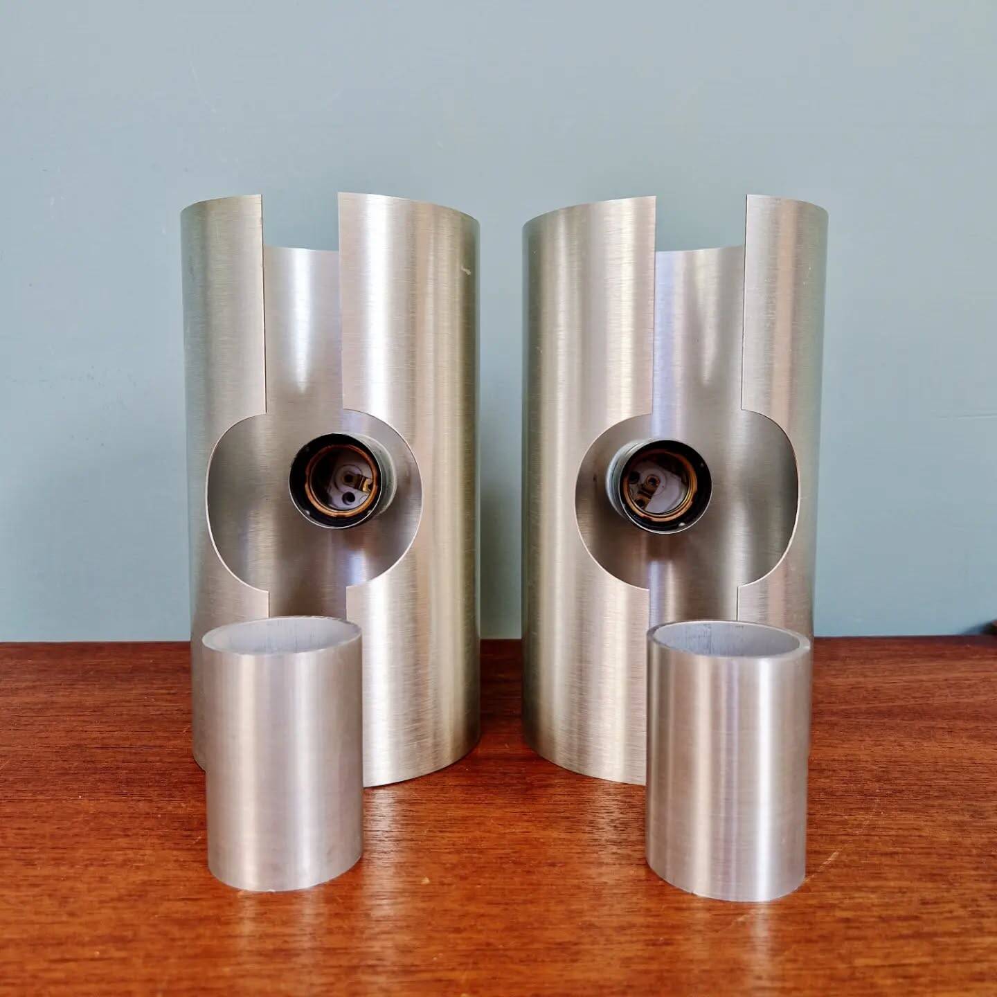 Pair of Space Age wall sconces in brushed aluminium, 1970.