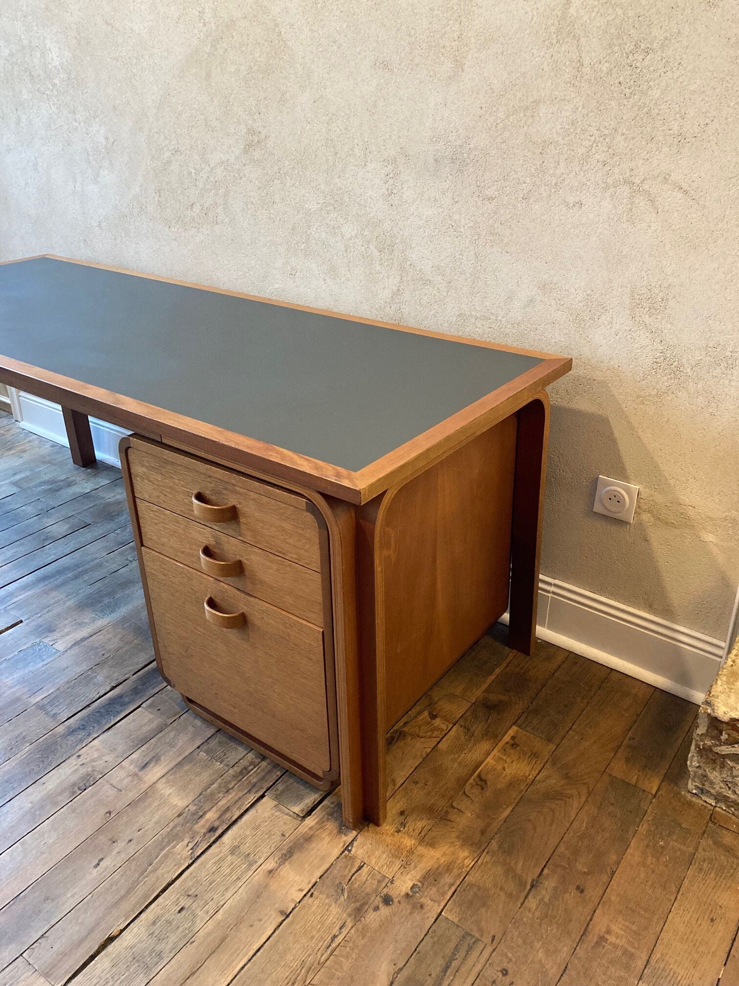 Teak veneer and green linoleum pedestal desk, Rud Thygesen & Johny Sorensen
