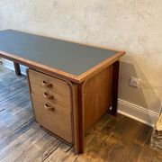 Teak veneer and green linoleum pedestal desk, Rud Thygesen & Johny Sorensen