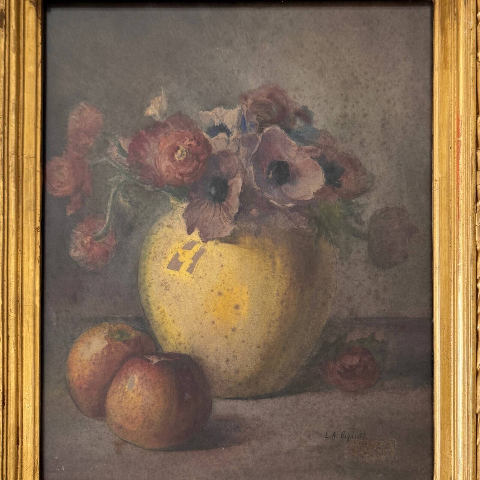 Watercolor still life bouquet of flowers 19th century by LA Rigault