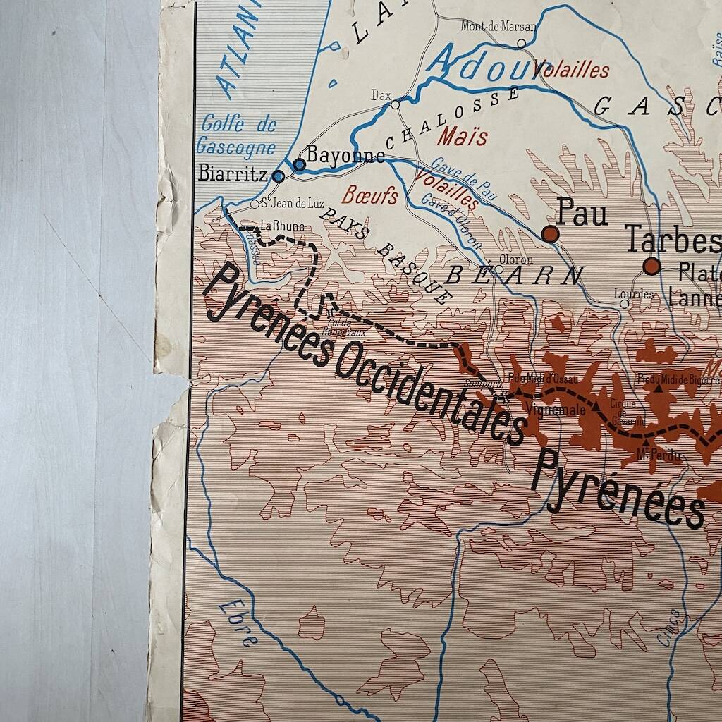 Vintage school map 1950 double-sided "The Alps / The Pyrenees"