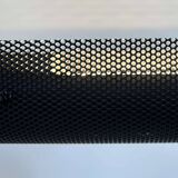Pair of vintage wall lights, tubular and perforated black metal, Parscot France 1980