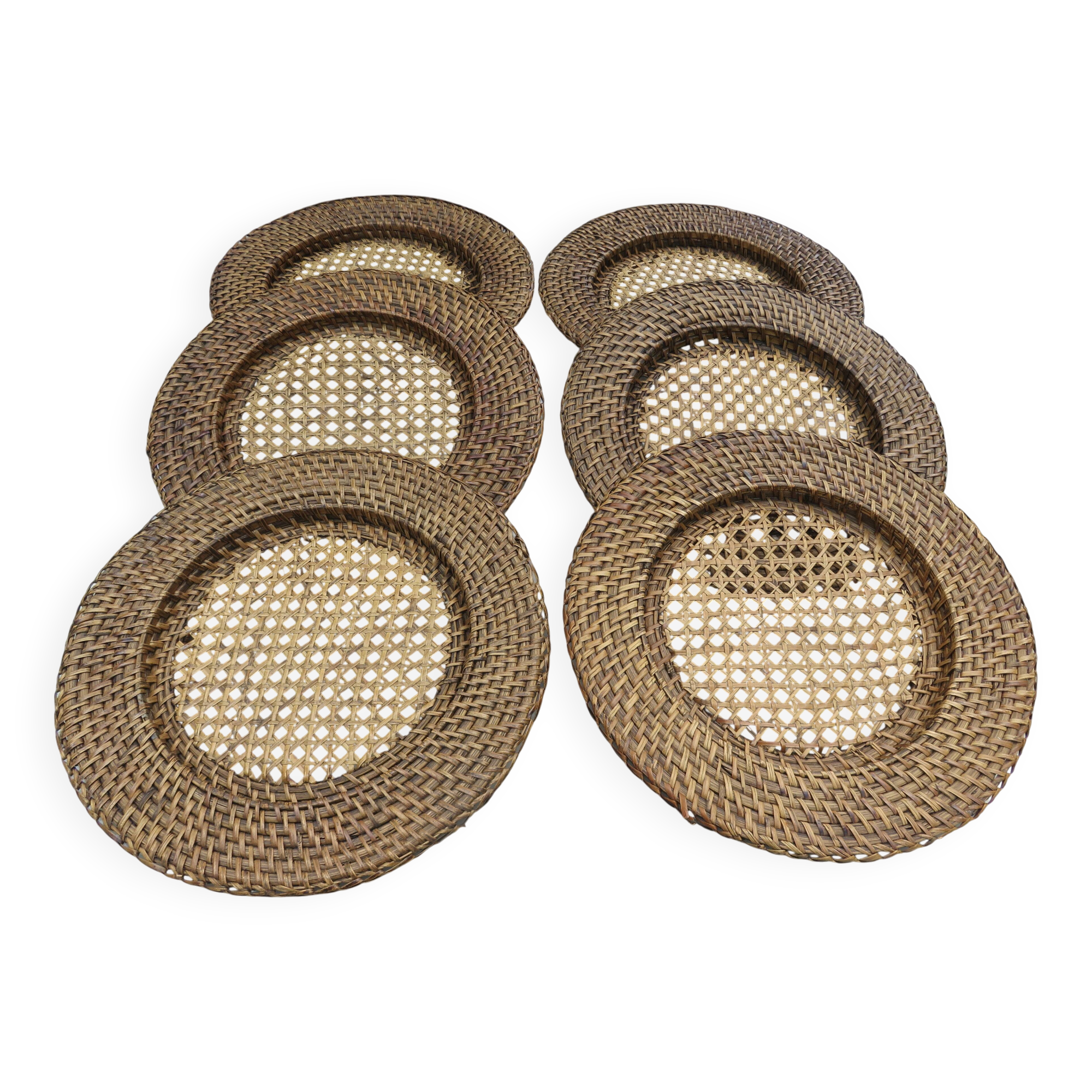 Set of 6 rattan and cane trays, 1970