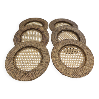 Ensemble de 6 plateaux en rotin et cannage, 1970