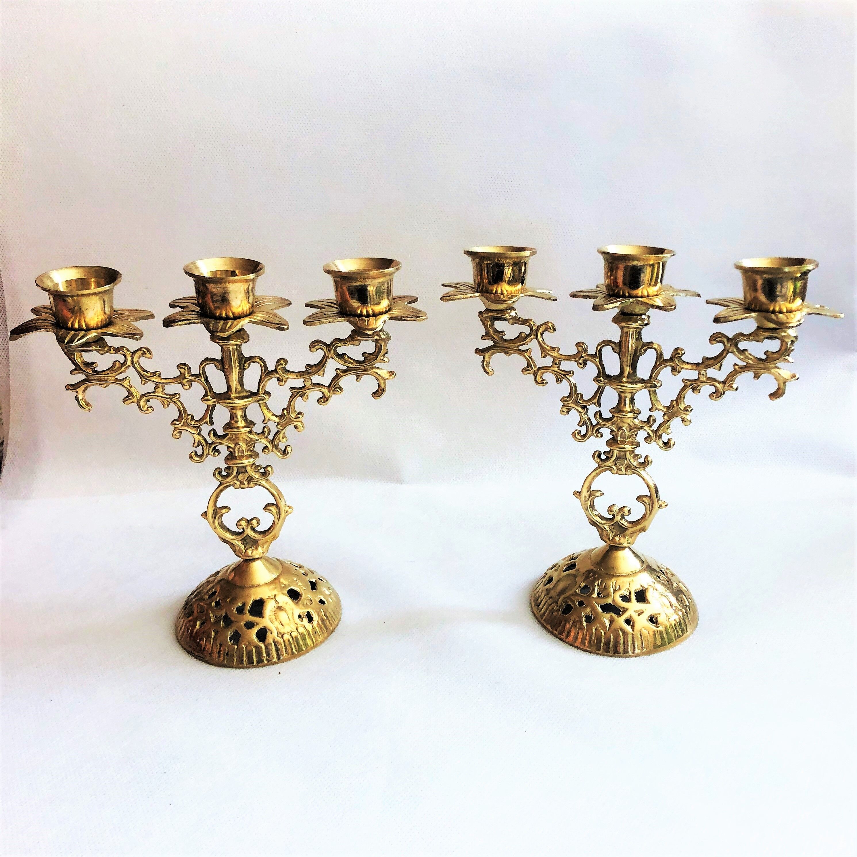 Pair of candlesticks 3 branches golden brass