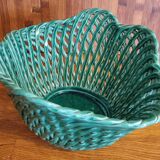 Vintage pot cover in woven slip green basket