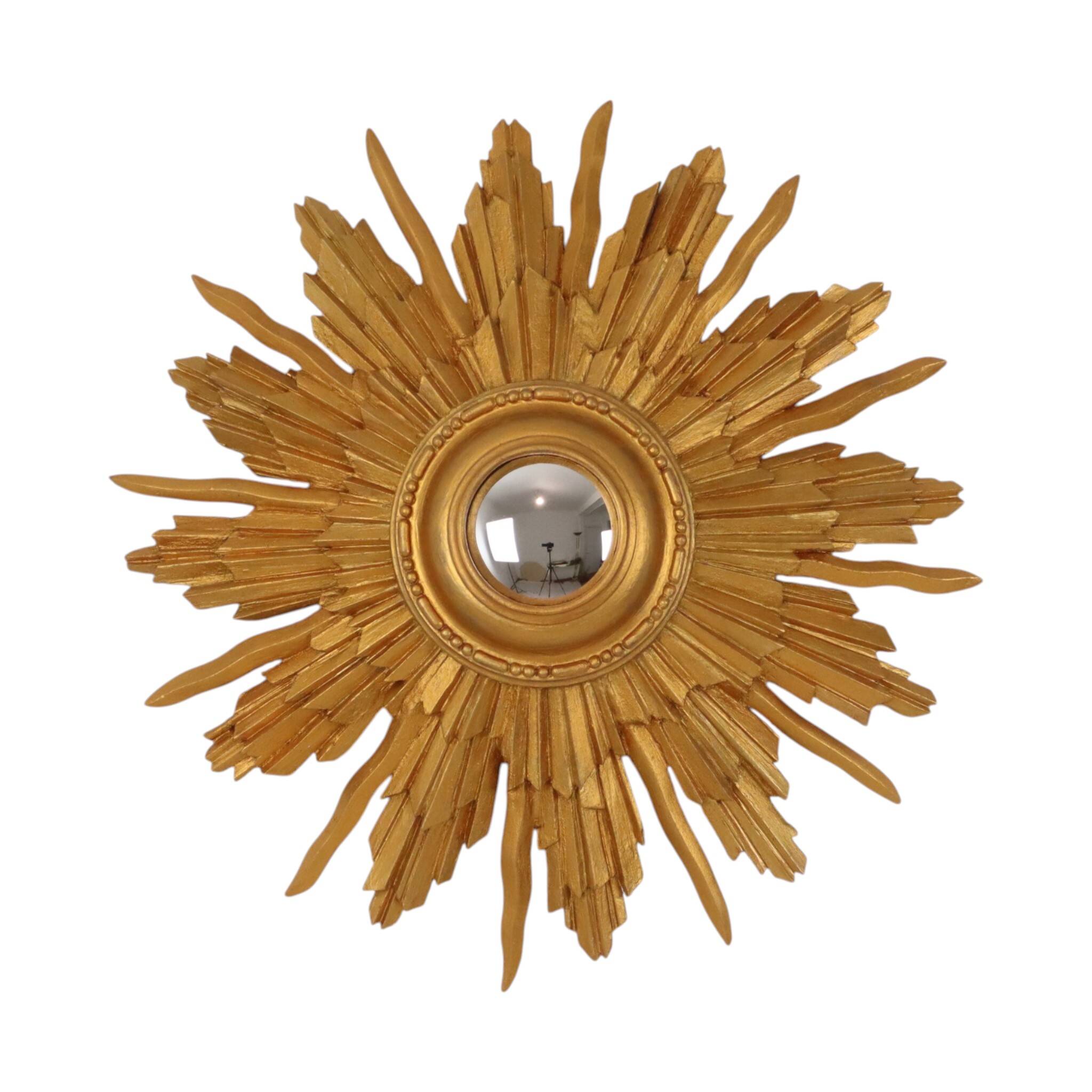 Vintage Wooden Sunburst Convex Mirror, Gold, 46cm