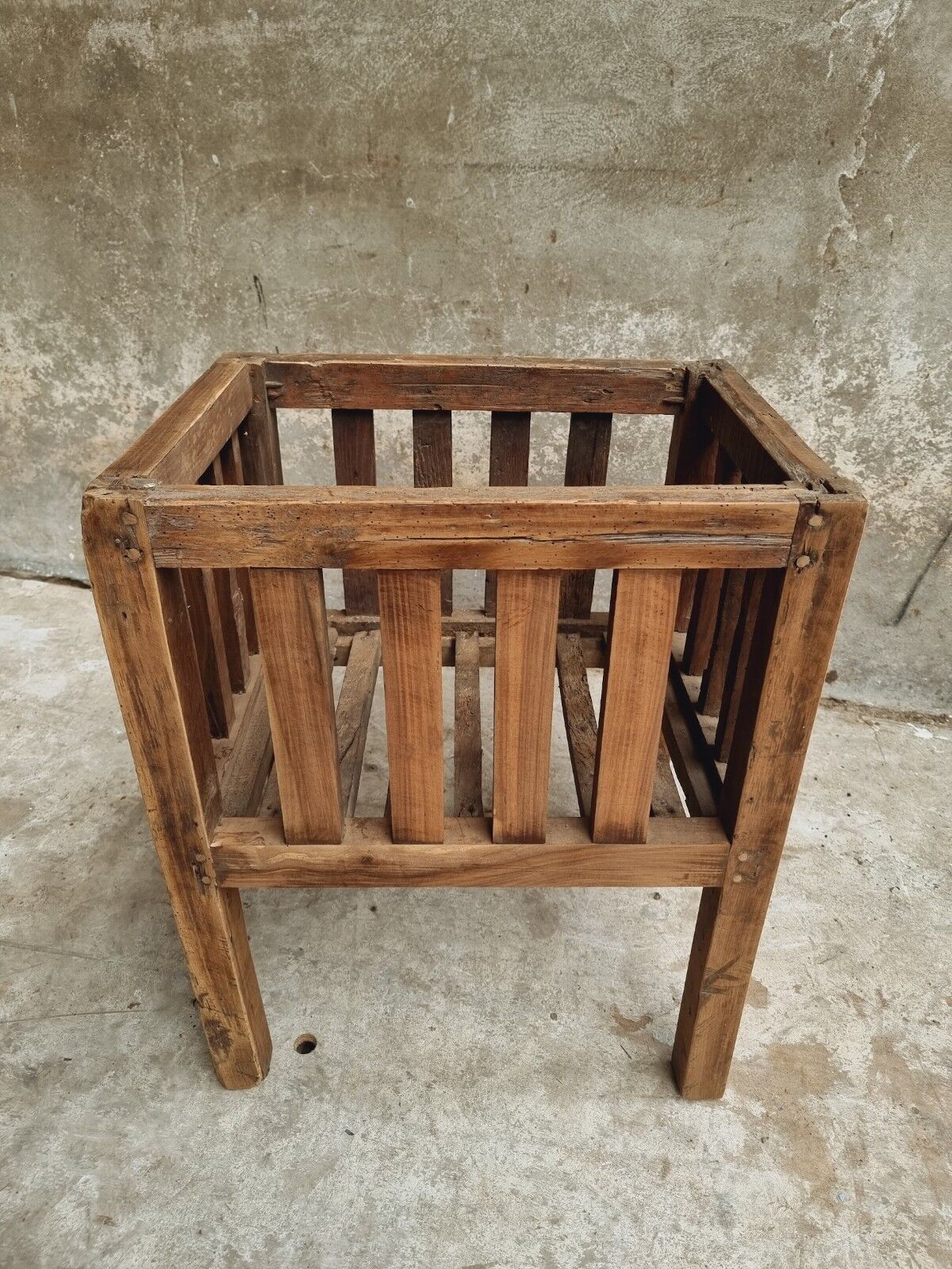 Antique rack storage basket walnut wood storage or toy bin