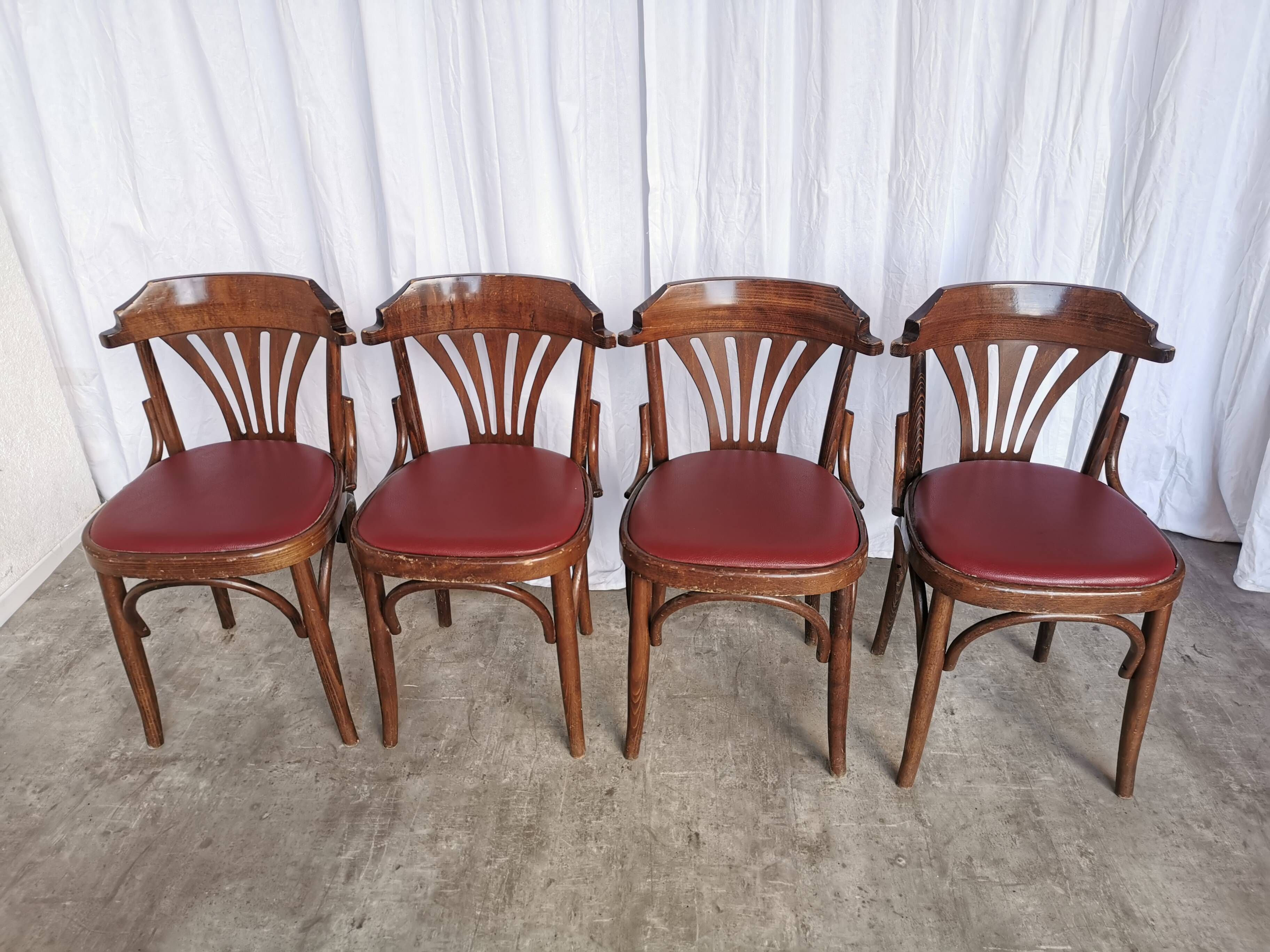 Vintage Bentwood Dining Chairs - Thonet Style - Red Faux Leather - Set of 4