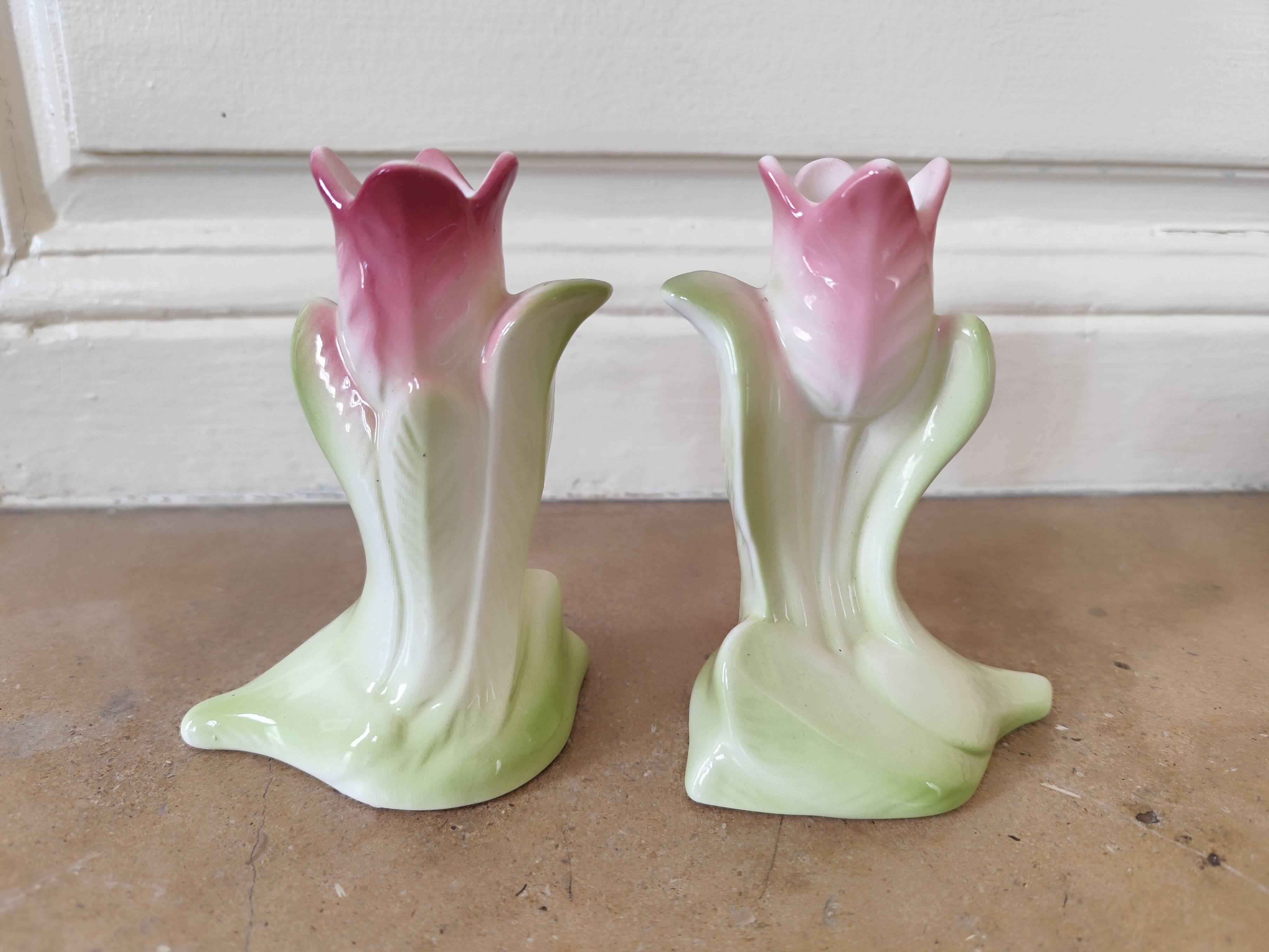 Paire vases soliflore art deco barbotine tulipe