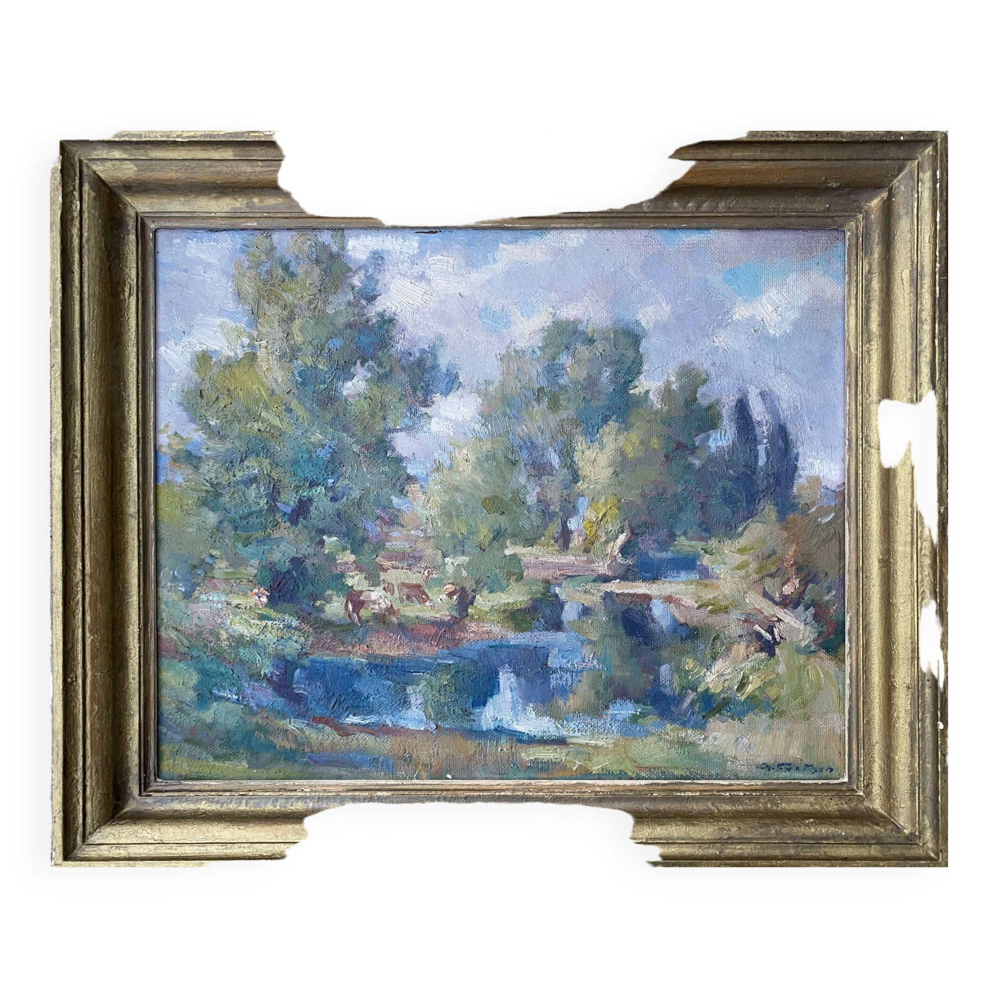 Table ec. French HSP “Edge of pond with trees” signed (to be deciphered)