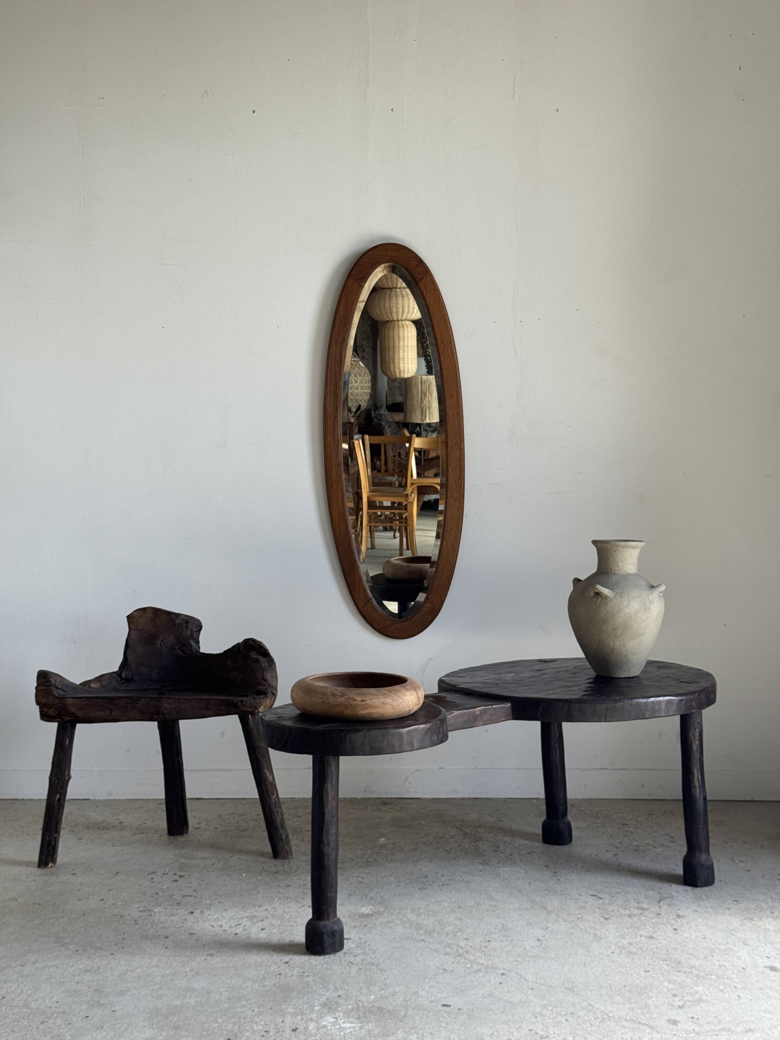Vintage oval mirror in oak with bevelled glass H120 W43 D2