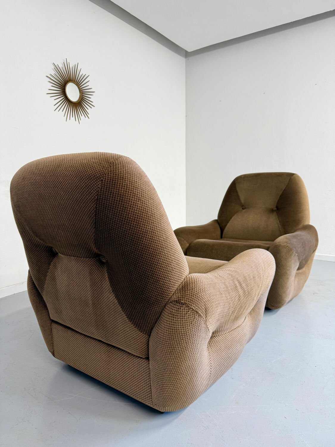 Lot of 2 cosy fabric armchairs, French design, vintage 1970s.